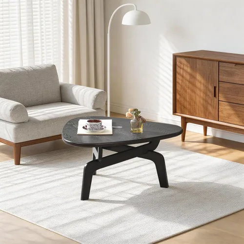 Vista 8 de Ahokua Mesa de centro orgánica moderna, mesa de centro triangular escultural con bordes curvos, mesa central de madera de perfil bajo para sala