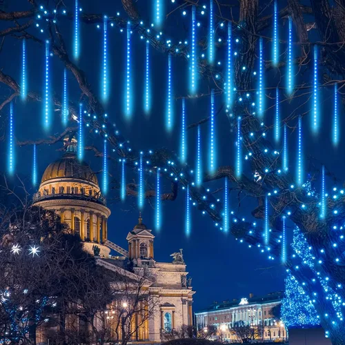 Vista 5 de Joiedomi Paquete de 2 540 luces LED de lluvia de meteoritos de Navidad, 19.8 pulgadas, 10 tubos de luces azules de gota de lluvia para exteriores