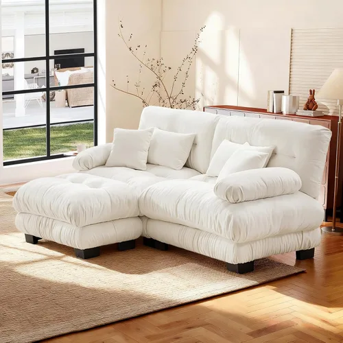 Vista 73 de Reposapiés Otomano Tapizado de Terciopelo con Cojín para Sofá Seccional Sofá 300 libras para Sala de Estar (Beige)