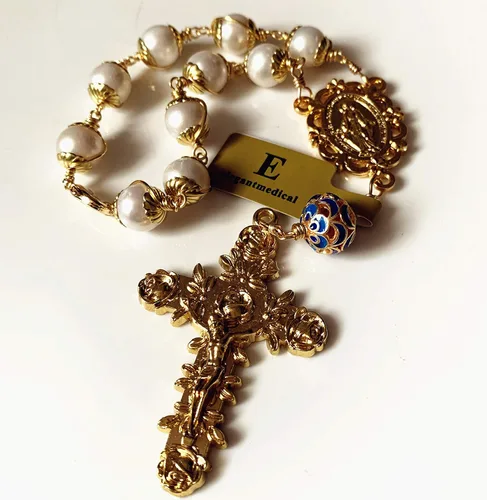 Vista 2 de elegantmedical Hecho a mano alambre de oro envuelto 10MM perlas reales oración católica una década rosario pulsera cruz regalo y caja