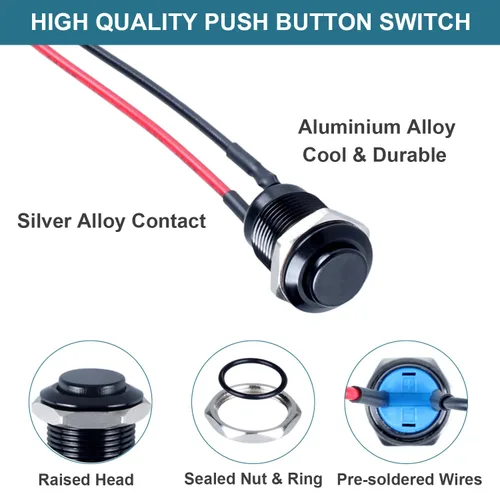 Vista 4 de 5 piezas 12 mm Interruptor de botón de cierre con cabeza elevada ON-Off normalmente abierto con cable presoldado, carcasa de aleación de aluminio
