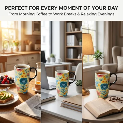 Vista 3 de DUSVALLY Taza de Café de Cerámica Taza de Viaje Regalo con Tapa 17oz, Taza de Té con Asa para Latte, Capuchino y Cacao, Tazas de Café de Porcelana