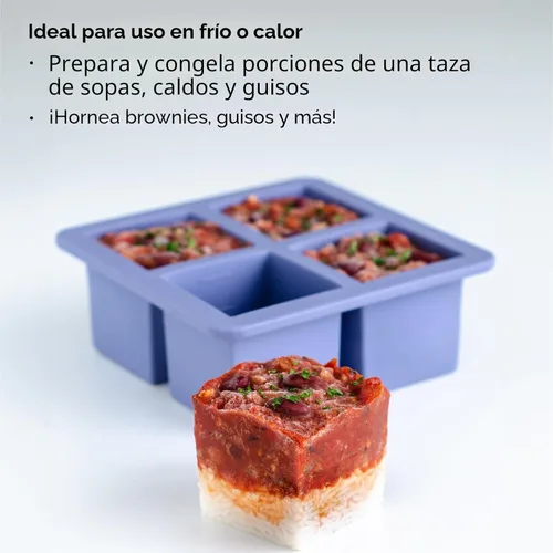 Vista 2 de W&P Cup Cubes - Bandeja de silicona para congelador con tapa, azul, hace 4 porciones perfectas de 1 taza, congela y almacena sopa, caldo, salsa