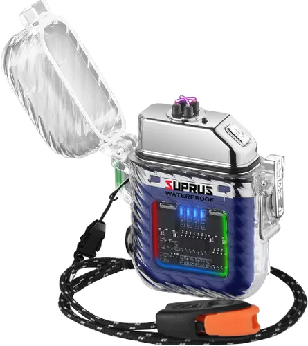 Vista 16 de SUPRUS Luminoso 3 modos de linterna resistente al viento, impermeable, encendedor eléctrico recargable de plasma de doble arco con silbato de Negro