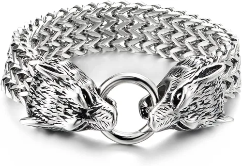 Vista 2 de COOLSTEELANDBEYOND Biker - Pulsera de acero inoxidable para hombre con cabeza de lobo con cierre de anillo de resorte