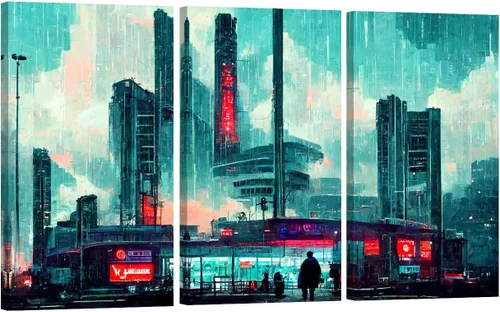 Vista 53 de Lienzo decorativo para pared, diseño de ciudad futurista Cyberpunk para sala de estar, impresión multipanel, obra de arte de cocina, pintura