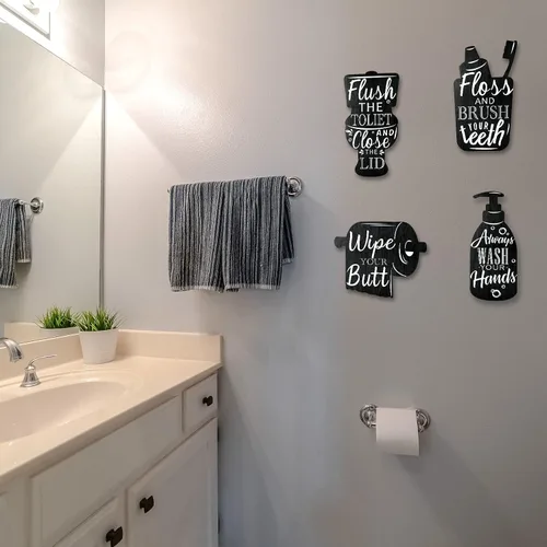 Vista 5 de Yookeer 4 piezas de decoración de pared de baño de madera para decoración de pared de madera con cepillo de lavado de hilo dental, accesorios
