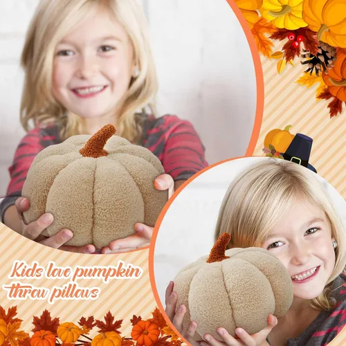 Vista 4 de Juexica 3 almohadas de calabaza de peluche esponjosas en 3D con forma de calabaza para decoración de otoño, Acción de Gracias, Halloween, cojín