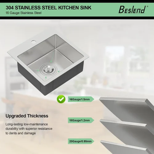 Vista 5 de Fregadero de cocina para exteriores 15 x 15 pulgadas, fregadero de bar de 15 x 15 pulgadas, fregaderos de cocina de acero inoxidable de calibre 16