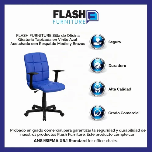 Vista 12 de Flash Furniture - Silla giratoria de respaldo medio de vinilo, acolchada, color negro Azul