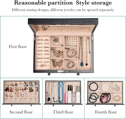Vista 4 de TITISKIN Joyero grande de madera, joyero con espejo, caja de joyería con cerradura de 4 capas, caja de regalo, gabinete de joyería de escritorio