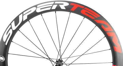 Vista 5 de SUPERTEAM Juego de ruedas de disco de carbono 50C-25 700c Clincher Center Lock Thru Axle blanco y rojo
