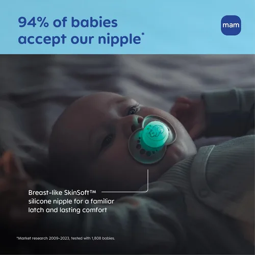 Vista 6 de MAM Chupetes originales de día y noche, chupete Binky para 6-16 meses, silicona sin BPA, brilla en la oscuridad, mejor para bebés recién nacidos