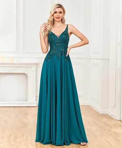 Vista 4 de Ymuxin Vestido de novia para mujer, cuello en V, tirantes delgados, apliques de encaje, vestidos de dama de honor, vestidos formales de noche