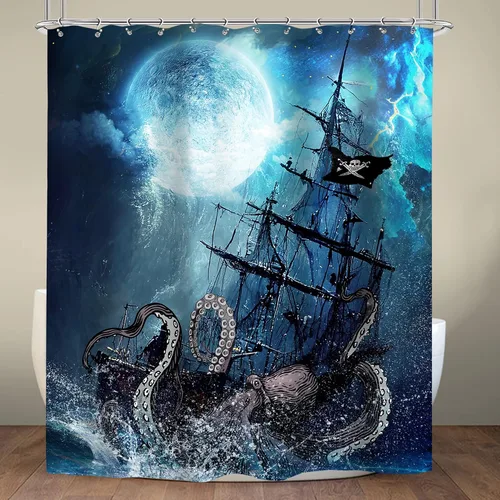 Vista 5 de Cortina de ducha de playa de pulpo para niños, 60 pulgadas de ancho x 72 pulgadas de alto, juego de cortina de baño náutica Kraken anime barco
