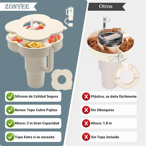 Vista 2 de Tazón de aperitivos con tapa para vaso Stanley de 30 onzas con asa, bandeja de silicona para aperitivos y accesorios de taza Stanley, adecuado