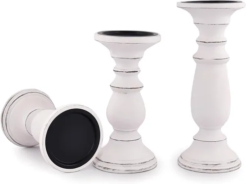 Vista 2 de Samhita Juego de 3 candelabros de madera - Candelabro decorativo tallado a mano para sala de estar o centro de mesa