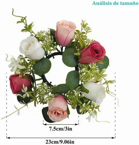 Vista 2 de Anillos de vela, corona de flores, portavelas de rosas artificiales de 9 pulgadas para centros de mesa de boda, guirnalda de primavera