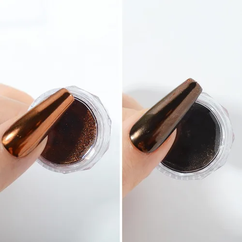 Vista 5 de Polvo cromado metálico marrón, 2 tarros estilo Maillard café marrón efecto brillo pigmento cromo polvo polvo puntas manicura con aplicadores