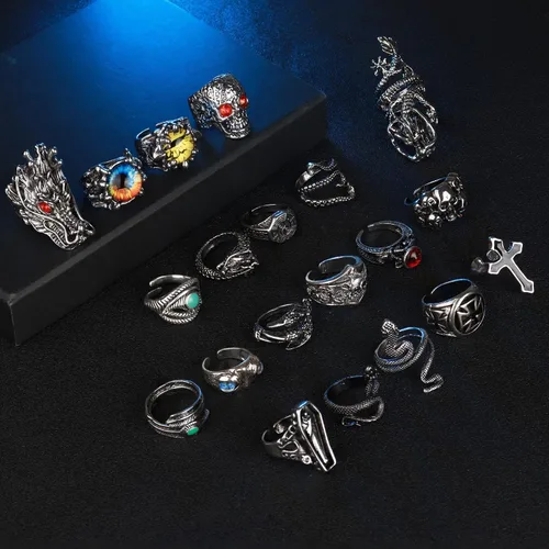 Vista 6 de Helicopchain Juego de 20 anillos punk vintage para hombres y mujeres, ajustables, abiertos, góticos, anillos Y2K, rana, serpiente, dragón, garra