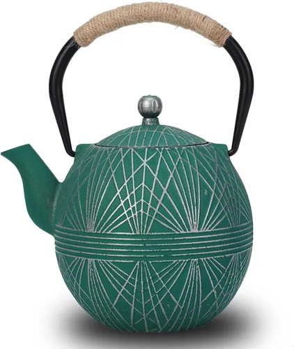 Vista 8 de Tetera de hierro fundido esmaltada 34oz (1000ml) - Hervidor de estilo japonés con infusor extraíble de acero inoxidable y mango ergonómico, seguro