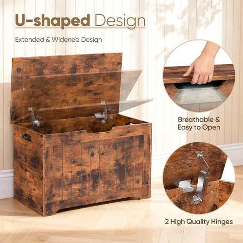 Vista 5 de HomGarden Moderno baúl de almacenamiento de madera, baúl de banco de 30 pulgadas con tapa superior abatible y 2 bisagras de seguridad, organizador