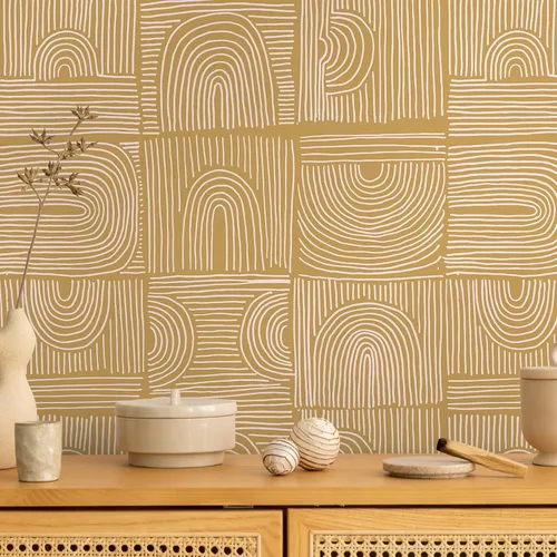 Vista 2 de VEELIKE Papel tapiz geométrico bohemio con arcos amarillos para despegar y pegar, extraíble, para dormitorio, baño, 17.7 x 118 pulgadas, papel tapiz