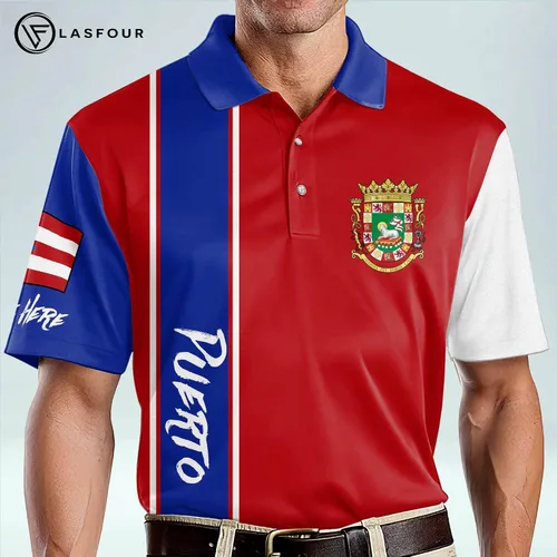 Vista 4 de LASFOUR Camisetas personalizadas de Puerto Rico para hombre camisas puertorriqueñas polo rojo de Puerto Rico para hombre de manga corta