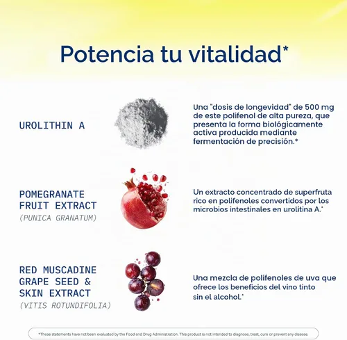 Vista 5 de ProHealth Urolitina A de espectro completo 60 cápsulas Soporte celular para un envejecimiento saludable con extractos de granada y uva roja