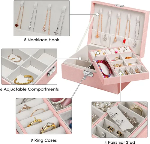 Vista 4 de XMJXBOX Organizador de joyas de 2 capas, joyero para mujeres y niñas, caja organizadora de joyas de piel sintética con cerradura de llave