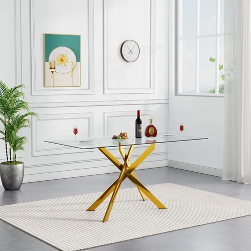 Vista 26 de SSLine Mesa de comedor moderna de cristal, rectangular de 51 pulgadas, color negro con patas de metal diseñadas en X para cocina y comedor