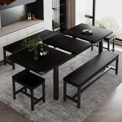 Vista 8 de iPormis Juego de mesa de comedor extensible de 7 piezas con 6 taburetes, juego de mesa de cocina de 63 pulgadas para 4 a 8 personas, mesa de comedor