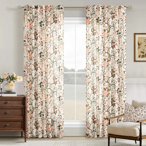 Vista 56 de Cortinas de lino de pájaro floral azul 2 paneles de 72 pulgadas de largo Aqua Blue