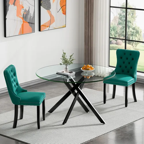 Vista 18 de Juego de mesa de comedor de cristal plateado moderno de 47 pulgadas para 2, juego de mesa de comedor de cocina redonda de 3 piezas con patas