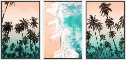 Vista 72 de SIGNWIN Lienzo enmarcado para pared, vista aérea de palmeras tropicales en un cielo azul, fotografía del océano costero, arte moderno, panorámico