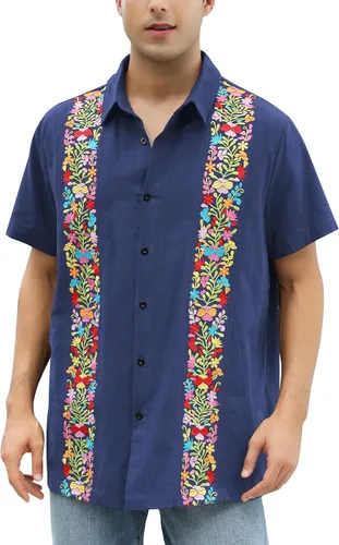Vista 12 de Camisas mexicanas para hombre, camisa de manga corta bordada con botones y cuello de guayabera tradicional Alebriges Negro
