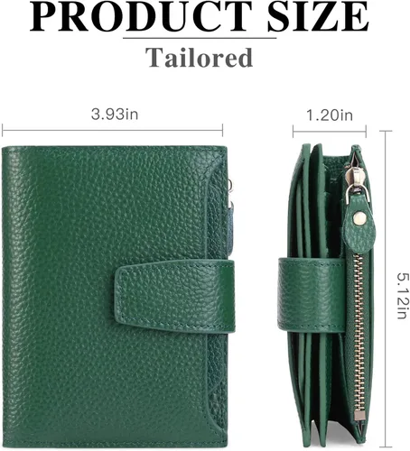 Vista 3 de FALAN MULE Cartera pequeña para mujer, de piel auténtica, plegable, compacta, con bloqueo RFID, pequeña cartera para mujer, Manzana Verde