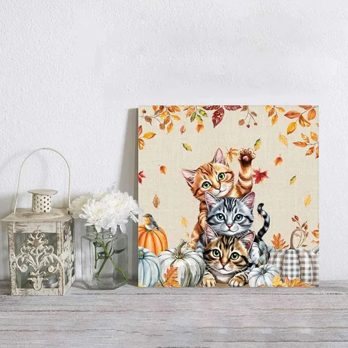 Vista 4 de Chucoco Otoño Granja Gato Cuadrado Pinturas al óleo sobre lienzo Arte de pared de Acción de Gracias Animales Imágenes Impreso Obras de Arte
