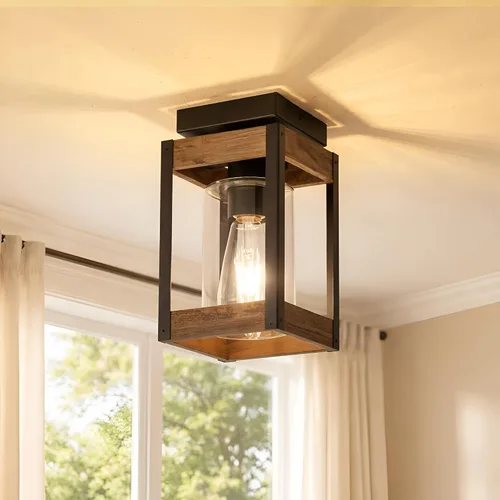 Vista 13 de Mayful Lámpara de techo de montaje empotrado con pantalla de cristal transparente, lámpara de techo de marco de metal negro para granja para isla