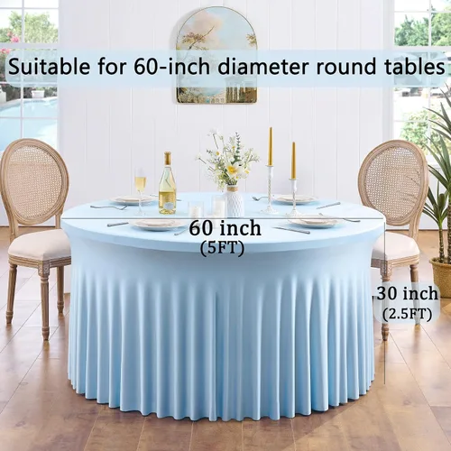 Vista 4 de Paquete de 6 manteles redondos de elastano azul bebé para mesa de 60 pulgadas, manteles elásticos de 120 pulgadas ajustables de 5 pies, manteles