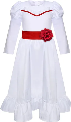 Vista 2 de Occipa Disfraz de Annabelle de la película de terror para adultos y niños, vestido blanco para cosplay de Anna con cintura, peluca de Annabelle