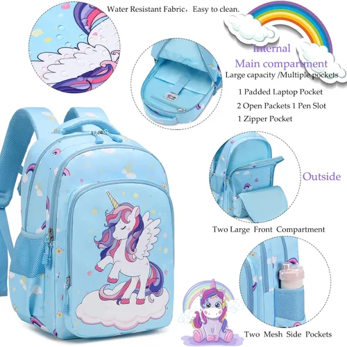 Vista 4 de Dafelile Mochila de unicornio para niñas de primaria, mochila para niños, mochila escolar para niñas, juego 3 en 1 para volver a la escuela