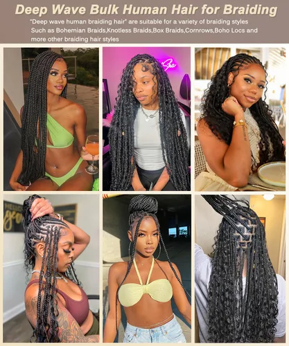 Vista 6 de Cabello humano a granel para trenzar, paquetes de cabello humano rizado 12A para mujeres negras, 16 pulgadas, onda profunda, sin trama, trenzas