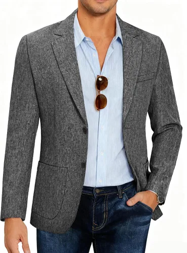 Vista 8 de COOFANDY Mens Blazer Casual Slim Fit Sport Coats Lightweight Sport Jacket Linen Textured Blazer, Two Button Suit Jacket, Patch Pockets, Plaid B