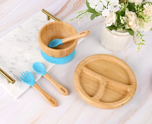 Vista 6 de Plato de succión y cuenco de bambú con tenedor y 2 cucharas Plato de alimentación de madera dividido para niños pequeños Juego de utensilios