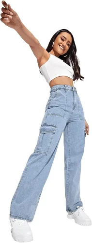 Vista 4 de SweatyRocks Pantalones vaqueros cargo de cintura alta para mujer, con bolsillo con solapa y pierna ancha