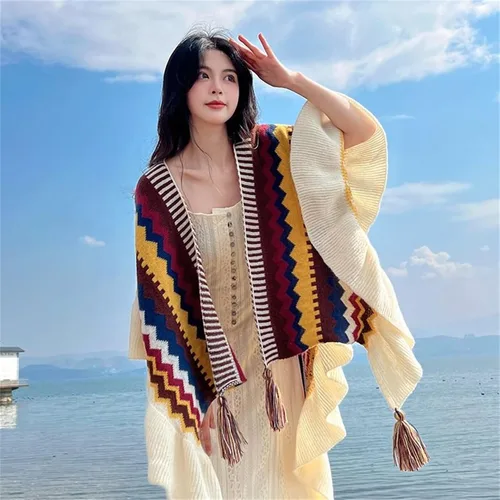 Vista 4 de SXLINGDO Poncho cruzado frontal tipo suéter de punto elegante capa de chales, cárdigan bohemio con borla para mujer