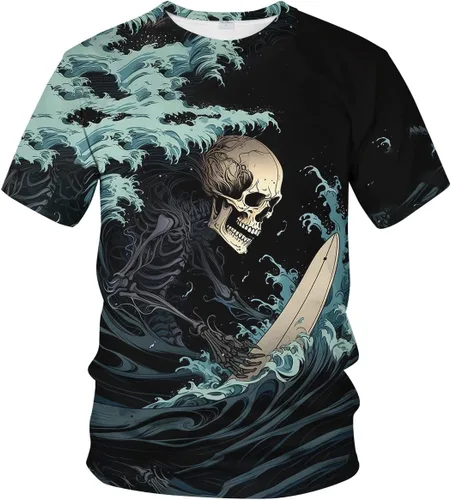 Vista 2 de Srcnhim Camisetas de manga corta para hombre con estampado 3D de calavera y olas geniales