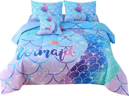Vista 14 de JQinHome Juego de edredón con purpurina, tamaño individual, juego de ropa de cama en una bolsa de 6 piezas en 3D colorido degradado para niñas