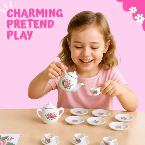 Vista 5 de Juego de té de cerámica de porcelana en miniatura floral de 17 piezas, juego de simulación para niños, juego de cocina pequeño, muñeca divertida